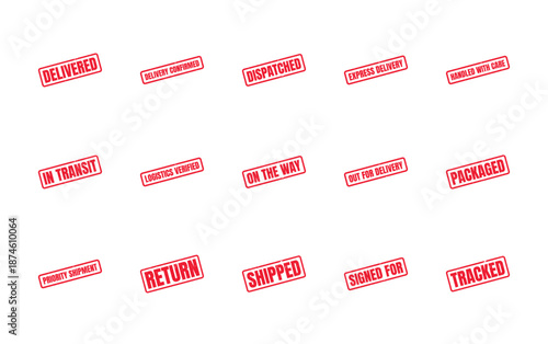Set of red rubber stamp style icons for shipping and delivery services on white background.
