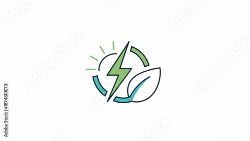 Green energy icon with lightning bolt and leaf. Renewable power and ecology symbol. Flat line vector illustration