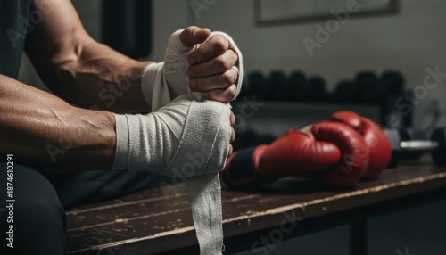 Close-up of a fighter wrapping hands, with boxing gloves nearby, set in a training environment emphasizing preparation and focus.
