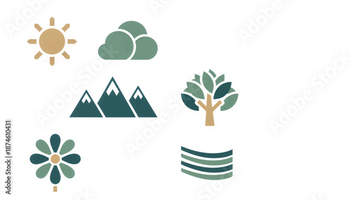 Nature and landscape flat icon set. Minimalist vector symbols including sun, mountains, tree and clouds. Eco friendly design elements isolated on white