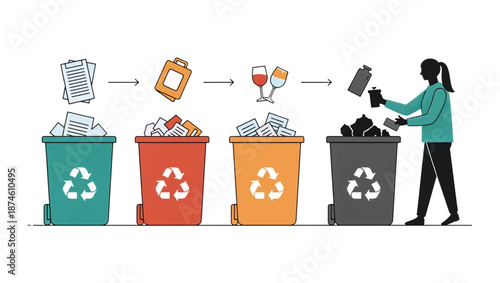 Waste sorting and recycling process illustration. Flat design vector of colored bins for paper plastic glass and trash. Sustainability and environmental management concept
