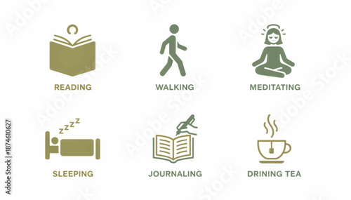 Self-care and wellness icon set. Flat design vector illustration of daily healthy habits. Minimalist symbols for meditation, reading, walking, and sleep