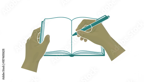 Hands writing in an open notebook with a pen. Flat design vector illustration. Journaling, education, and creative storytelling concept. Isolated on white background