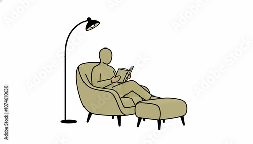 Person reading a book in a lounge chair with an ottoman and floor lamp. Minimalist flat design vector illustration. Relaxation and leisure concept. Isolated on white background