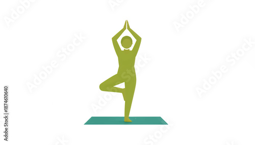 Vertical illustration of a person in yoga tree pose. Vrikshasana posture flat design vector. Minimalist health and wellness graphic isolated on white background