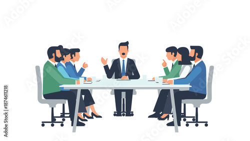 Diverse group of professional business people, both men and women, engaged in an important discussion around a conference table, with one man leading the conversation.
