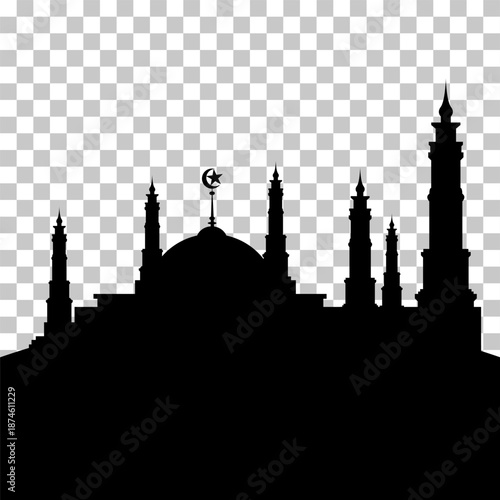 A black silhouette of a mosque with multiple minarets and a central dome topped with a crescent moon and star, against a transparent background.