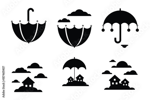Weather protection icons with umbrellas house and clouds