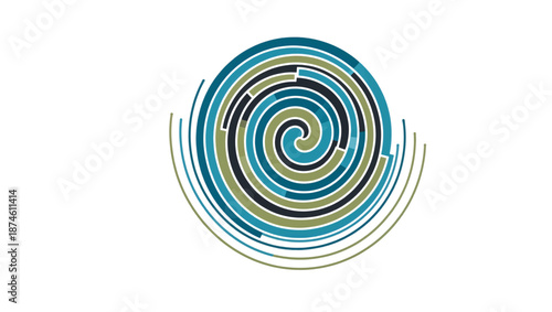 Abstract spiral and swirl vector illustration. Minimalist geometric design element with teal and green concentric lines. Isolated on white background graphic