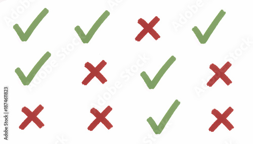 Hand-drawn checkmark and cross icon set. Brush stroke textured vector illustration. Approval and rejection symbols isolated on white background