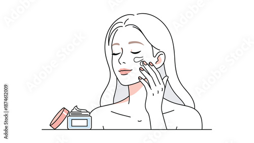Beautiful woman delicately applying moisturizing face cream to her cheek with her finger, showcasing a daily skincare routine next to an open jar of cosmetic product.