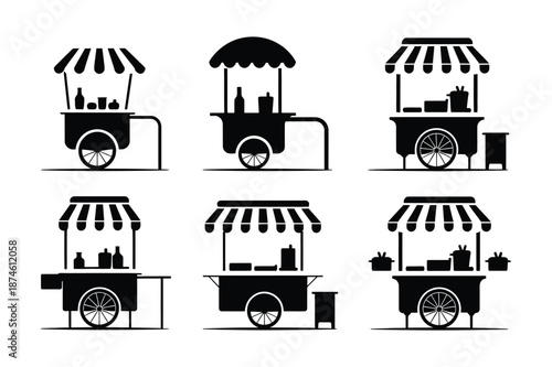 Street food vendor cart silhouettes for city market