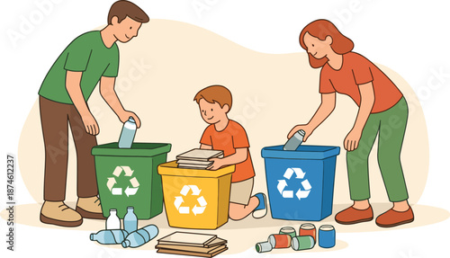 Family Recycling Together. Calm family sorts recycling into color bins together, bottles paper and cans on floor, shared care at
