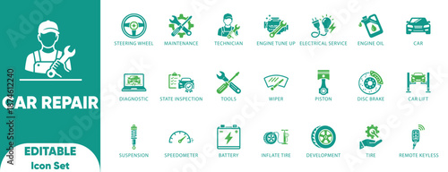 Car Repair Mechanic Auto Service Technician Maintenance Garage Vector Icon Set