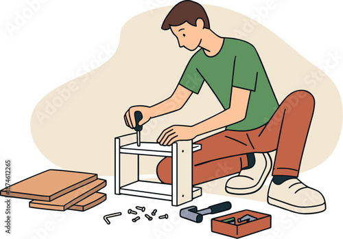 Calm Furniture Assembly. Quiet person assembles simple furniture on the floor, wooden panels and tools nearby, focused hands and