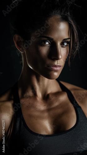 Close-up dramatic portrait of sweaty athletic woman looking at camera on dark background