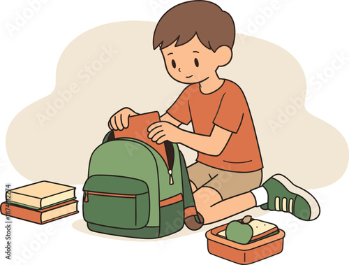 Child Packing Backpack. Quiet child packs a school backpack on the floor, books and lunchbox nearby, careful hands and ready
