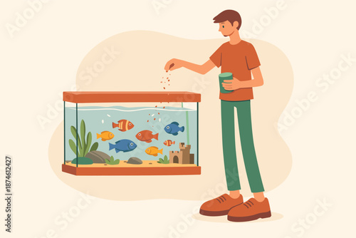 Feeding Aquarium Fish. Quiet person feeds fish in an aquarium, tiny flakes falling as colorful fish gather near glass calmly |