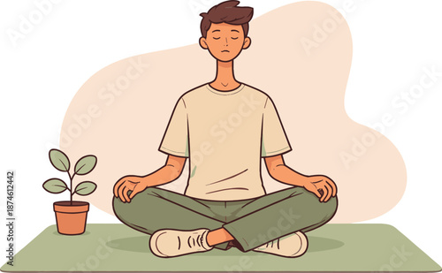 Meditative Stillness Scene. Quiet person meditates seated on the floor, eyes closed with a small plant beside them, slow breath