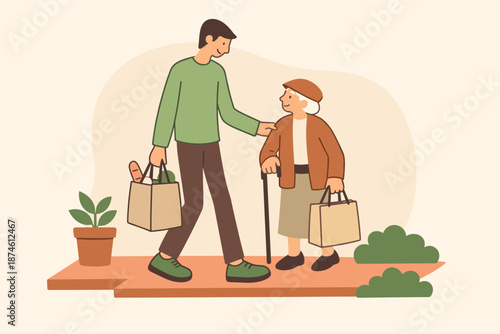 Neighborly Kindness Scene. Quiet person helps an elderly neighbor carry shopping bags along a short walkway, careful steps and