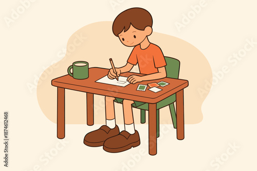 Quiet Child's Postcard. Quiet child writes a postcard at a small table, pencil moving slowly beside stamps and cup, focused calm
