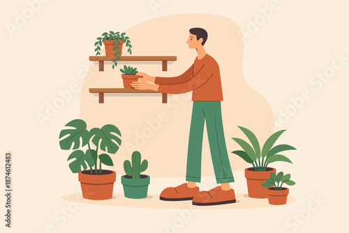 Tranquil Plant Arrangement. Quiet person decorates a small room with plants, placing pots on shelves and floor, calm arranging