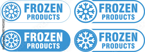Set of Blue and White 'Frozen Products' Labels with Snowflake Icon. Vector.