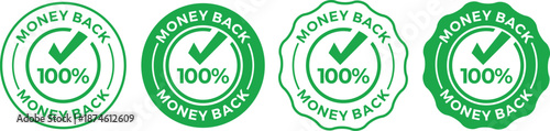 Set of Green 100% Money Back Guarantee Vector Badges with Checkmark, Outline, and Filled Styles