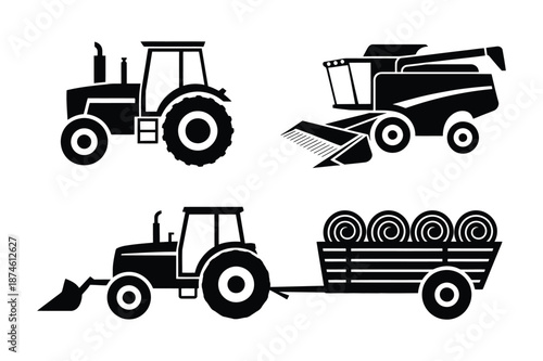 Farm machinery silhouettes featuring tractors and harvester