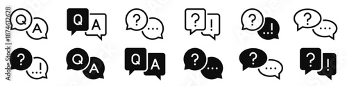 Question and answer icon set. Chat, speak bubble, Q and A, ask, support, dialog, help center symbol on white background - stock vector.