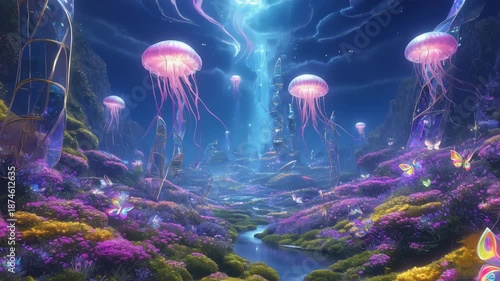Fantasy underwater world with glowing jellyfish