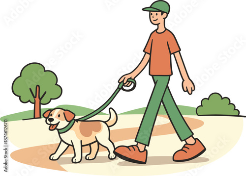 Stroll with Canine. Gentle person walks a friendly dog on a leash, relaxed pace along a path with trees and open space | flat