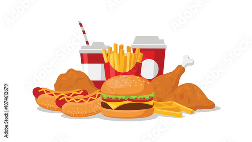Classic American fast food assortment featuring juicy hamburgers, savory hot dogs, crispy French fries, delicious fried chicken pieces, and refreshing soft drinks.