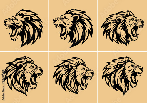 Black and white illustration of a roaring lion head, Detailed Lion Head Illustration in Black and White, a lion head roaring with its mouth open in a simple look a logo silhouette vector illustration