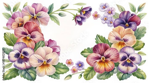 Watercolor painting of pansies arranged in a floral border or frame design
