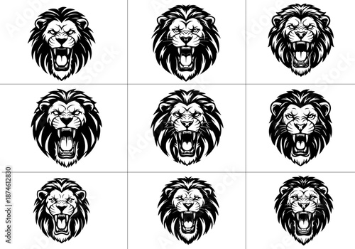 Black and white illustration of a roaring lion head, Detailed Lion Head Illustration in Black and White, a lion head roaring with its mouth open in a simple look a logo silhouette vector illustration