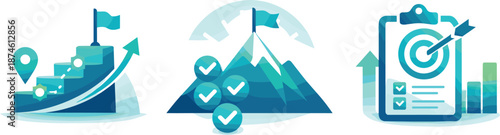 Strategic Objectives Icons. Goal-oriented environment visualized as sequential steps, milestone tracking, and prioritized actions