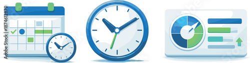 Streamlined Time Management Icons. Efficiency-oriented scene illustrated via calendars, clocks, and progress indicators supporting