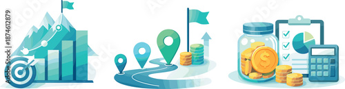 Goal-Driven Visuals. Goal-focused environment visualized as progress charts, milestone markers, and financial planning tools