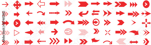 Collection of diverse red arrow symbols and directional icons isolated on white