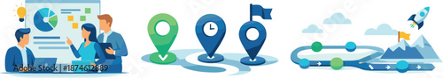 Collaborative Planning Icons. Team-focused scene illustrated via collaborative planning, milestone markers, and roadmap mapping