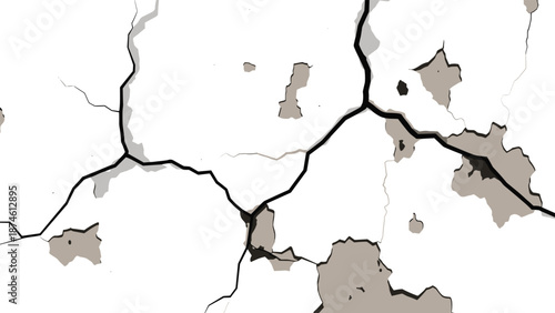 Abstract illustration depicting a fractured white surface with extensive cracks and visible damage, featuring gray shaded areas that suggest depth and missing fragments.