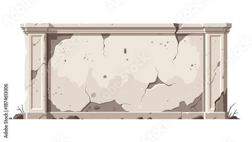 Ancient, cracked, and heavily weathered stone wall or classic monument, featuring intricate architectural details, conveying a strong sense of history and endurance.