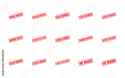 Collection of red rubber stamps for loyalty programs and membership tiers like bronze, silver, gold, and VIP.
