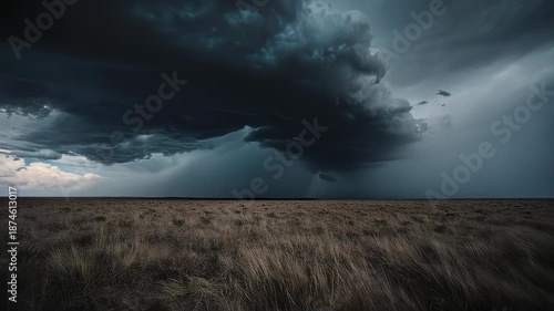 Stormy weather approaching over a vast field on a dark day