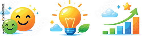 Optimistic Icons Landscape. Optimistic thinking landscape illustrated through smiling icons, lightbulbs, and progress charts