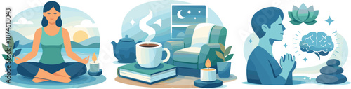 Calm Lifestyle Symbols. Serenity-focused scene illustrated via relaxation exercises, cozy home activities, and mindfulness