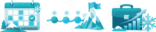 Winter Business Concept. Seasonal workplace environment visualized as calendars, milestone trackers, and winter motifs supporting