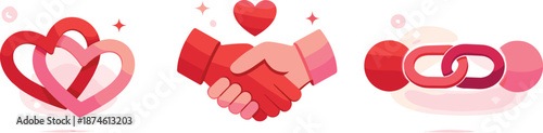 Connected Hearts Design. Affinity-focused landscape illustrated through intertwined hearts, handshake icons, and linked symbols