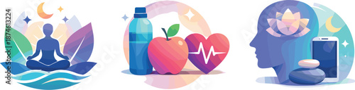 Adaptive Wellness Design. Future-focused wellbeing ecosystem expressed through adaptive wellness symbols, healthy habit icons, and